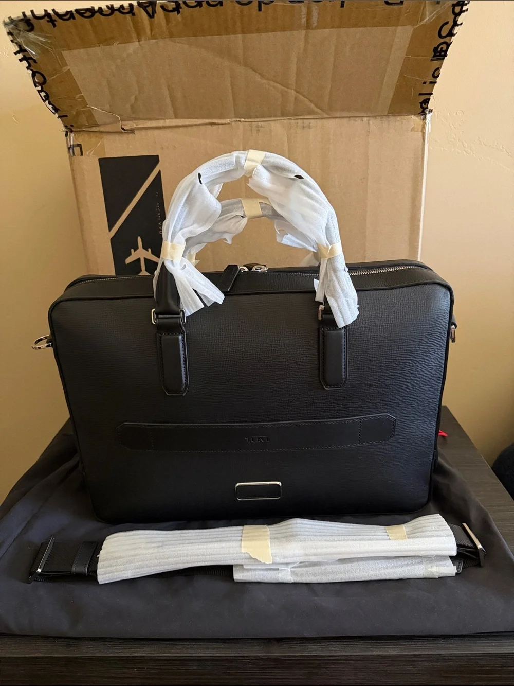 Tumi Turin Vincenzo Zip Top Black Leather Briefcase - Men's Work Bag